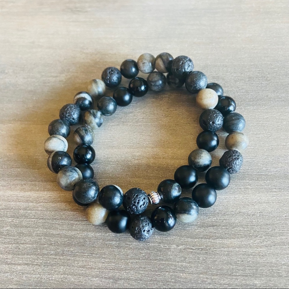 2x Black and Grey Beaded Bracelet